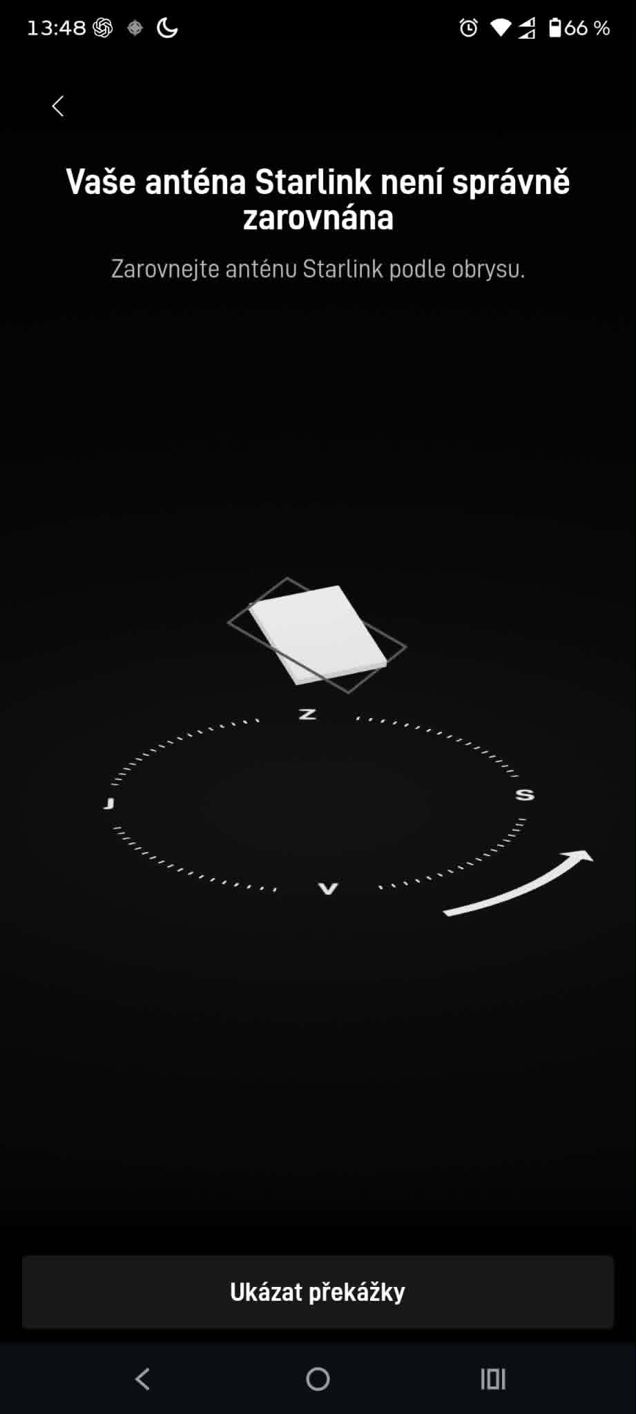 Zarovnání antény Starlink Mini v aplikaci